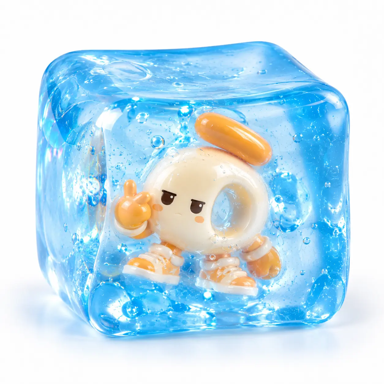 Blue translucent cube squishy with a custom character insert