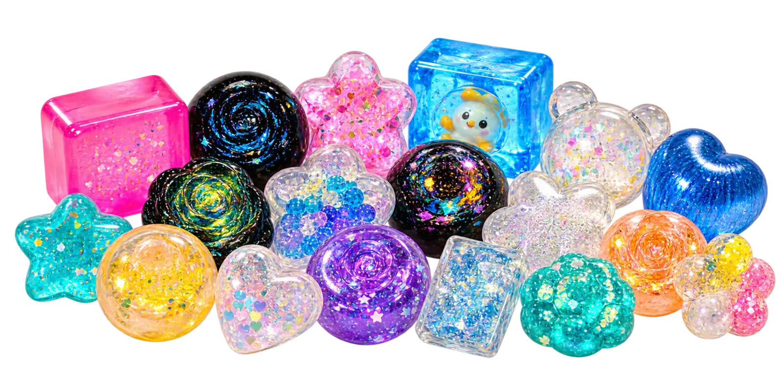 Assorted ready-made transparent squishy shapes with glitter finishes