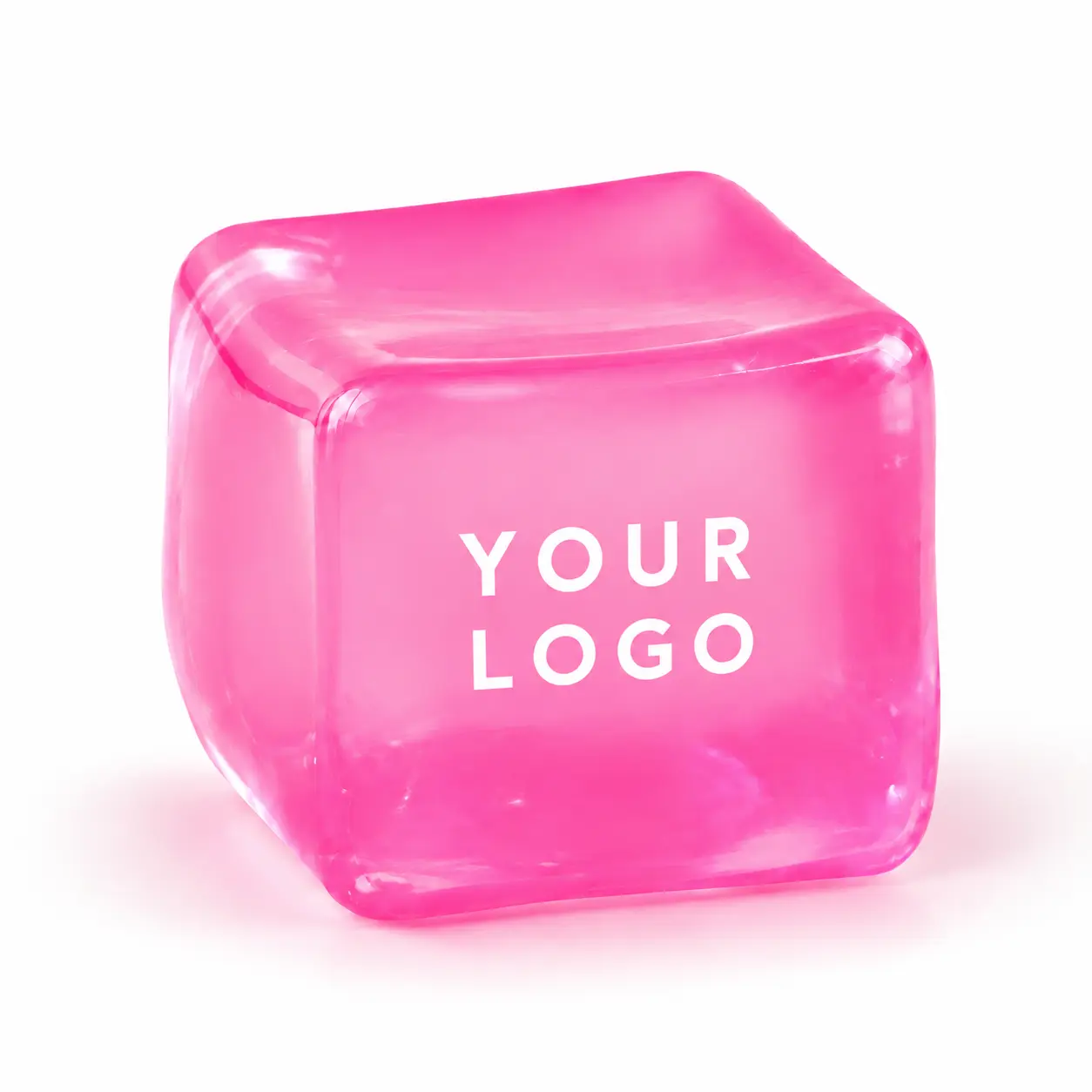 Pink ready-mold cube squishy toy with a printed YOUR LOGO mark
