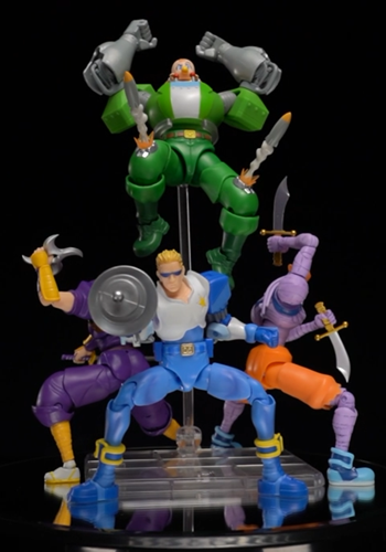 Four articulated figures posed with interchangeable weapons on a display base