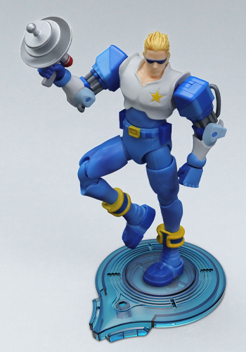 Blue armored action figure posed on a circular display platform