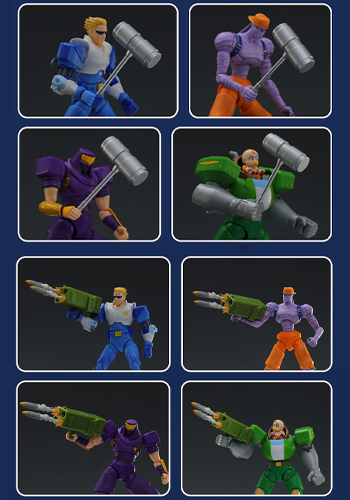 Interchangeable weapon accessories fitted to multiple figures