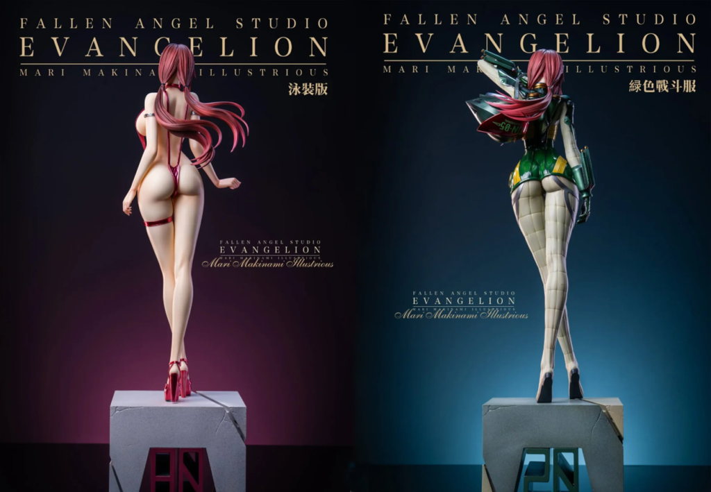 Rear views of two large-scale Mari collectible figure variants in different costumes