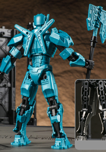 Rear view of a blue mecha figure with armor parts and a separate display accessory