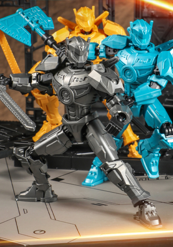 Gray, yellow and blue articulated mecha figures posed together with weapons
