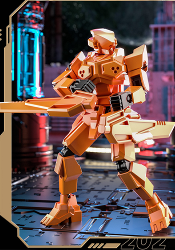 Orange articulated mecha figure posed with a sword and layered armor parts