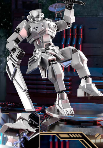 White articulated mecha figure demonstrating a raised-leg pose and weapon grip