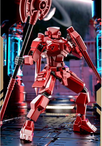 Red articulated mecha figure posed with a large axe and shield