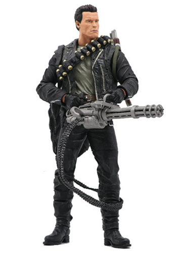 Articulated T-800 figure holding a rotary cannon with ammunition belt