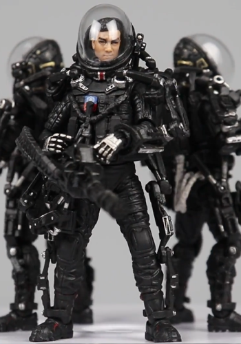 Three sci-fi action figures displayed in a lifestyle scene