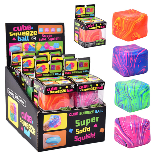 Cube squishy toy retail display with swirl-pattern TPR cube variants