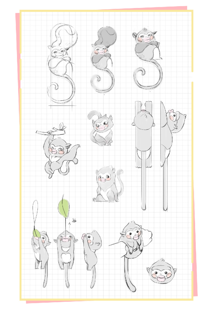 Yunnan golden monkey plush product sketches showing two functional variants